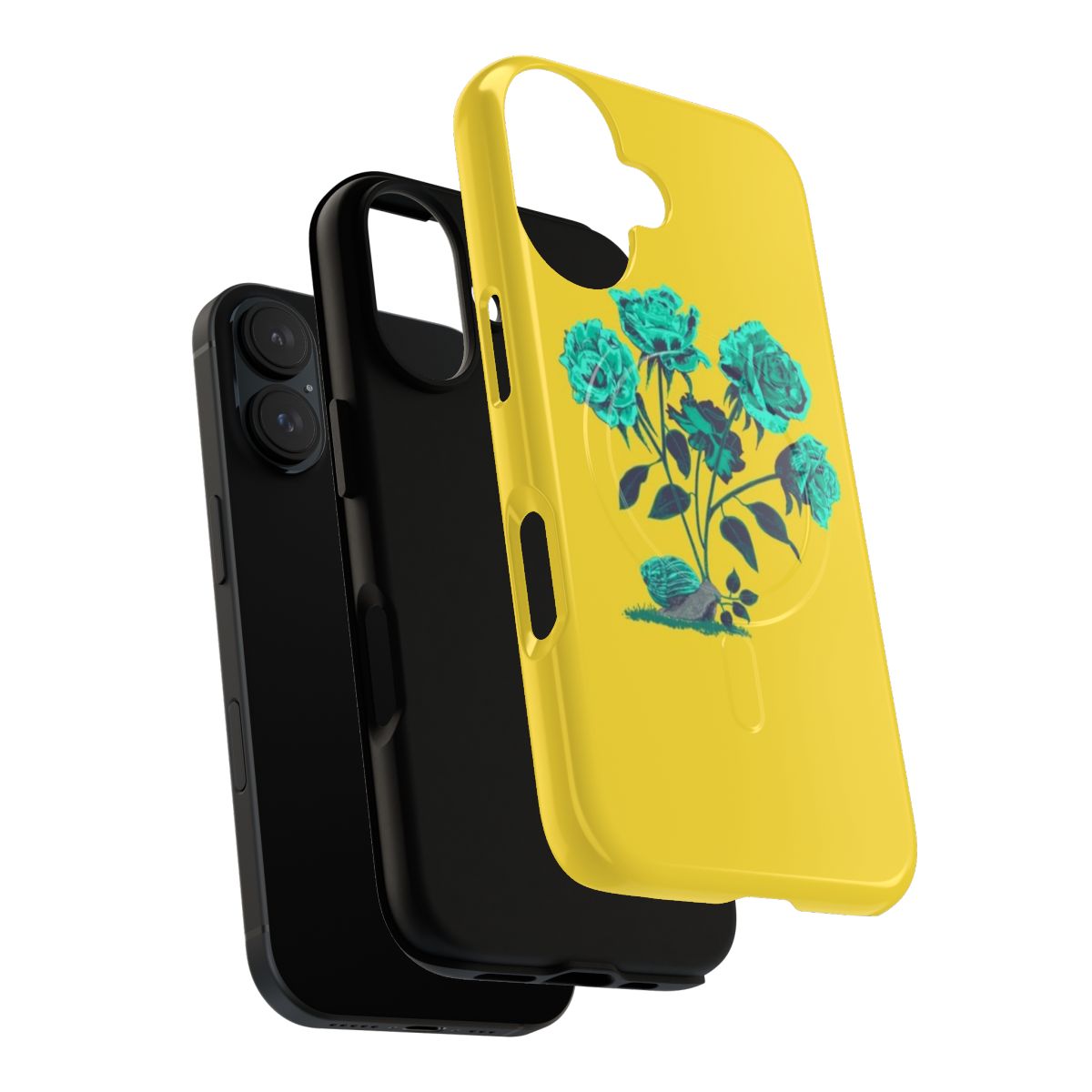 Closeup of a vibrant floral and snail pattern on a protective phone case - Layers