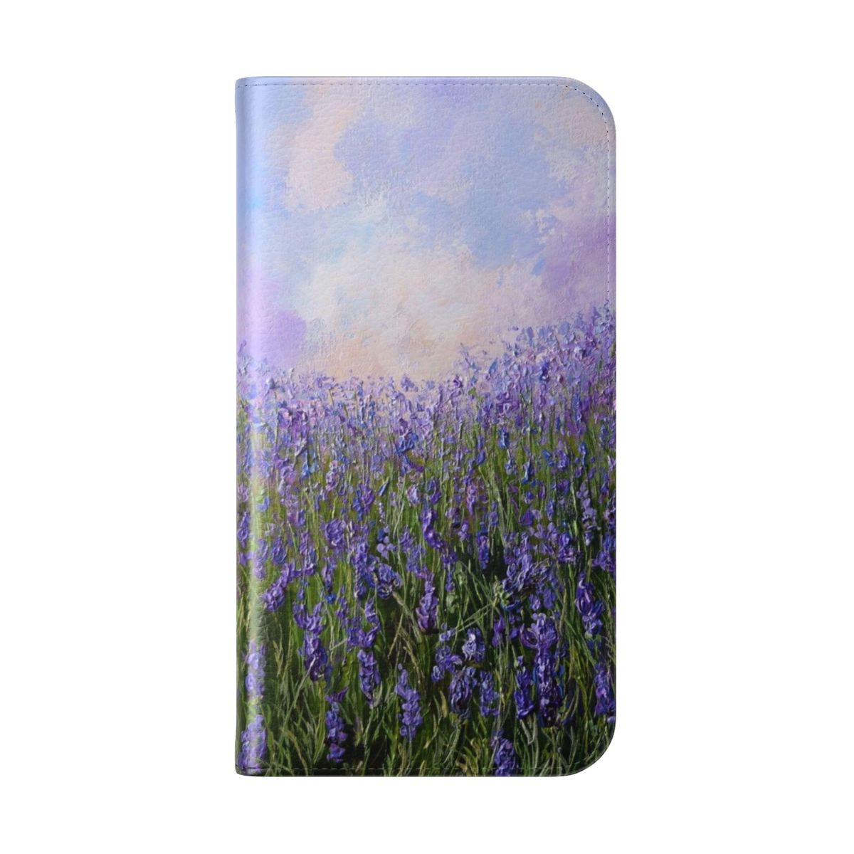 Lavender field-inspired flip cover phone case with a natural, floral design. - Folded Back