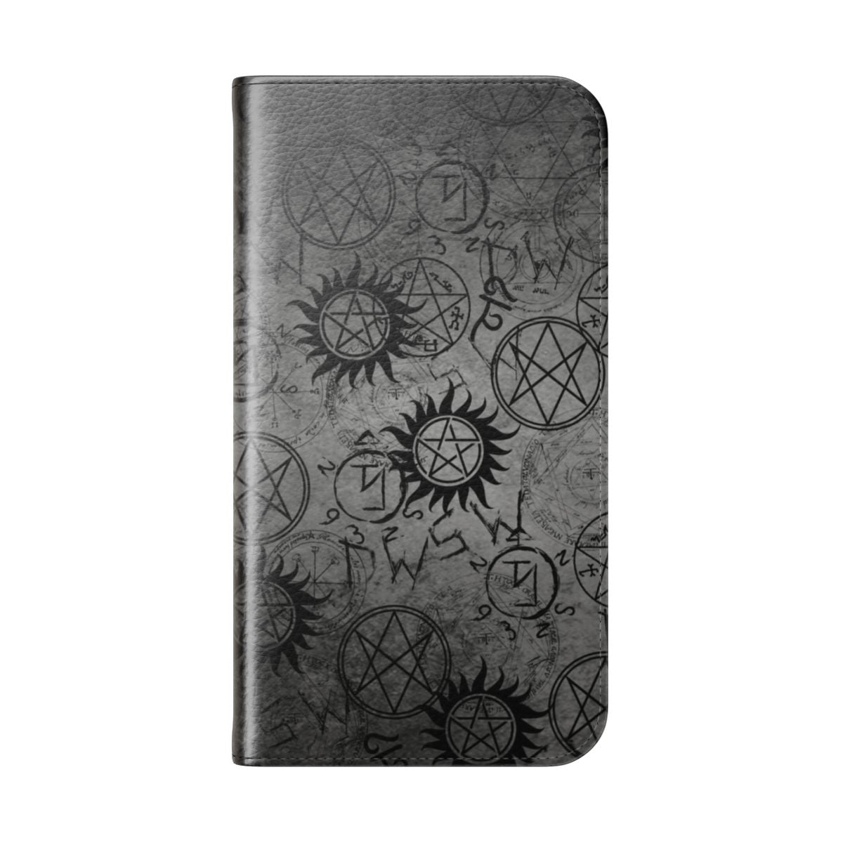 A grey flip cover phone case featuring supernatural-inspired symbols and imagery. - Folded Back