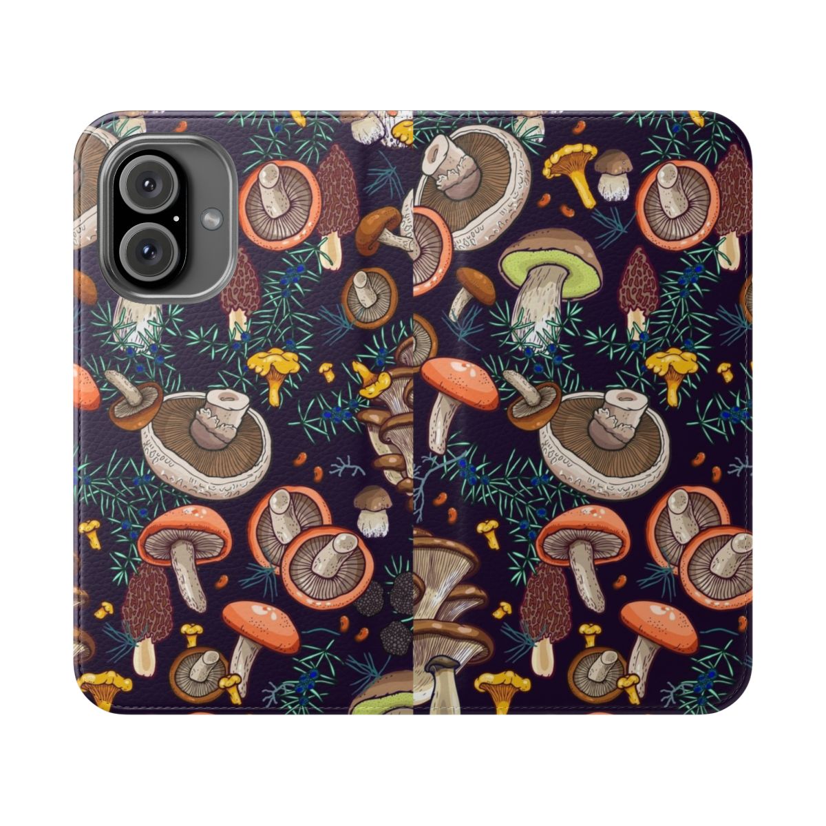 Detailed phone case featuring a whimsical forest scene with various mushrooms and botanical elements