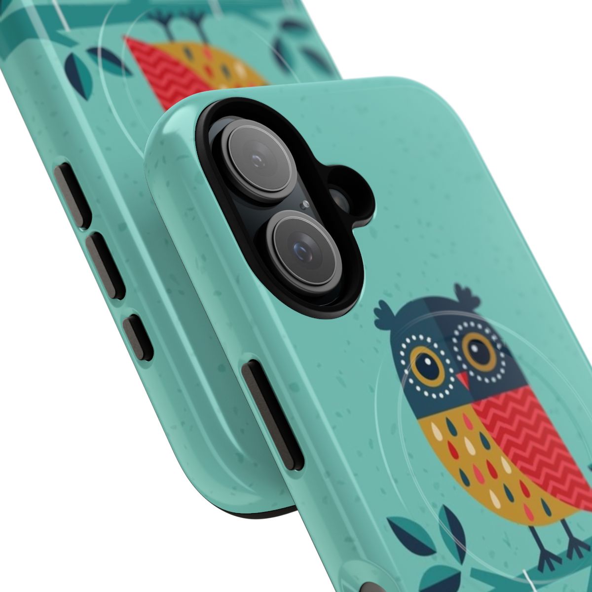 Colorful and whimsical phone case featuring an owl design with strawberry hearts - Detail