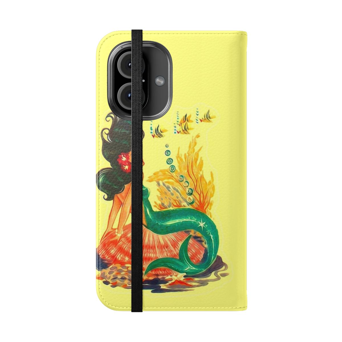 Colorful mermaid-themed phone case with a psychedelic, tiki-inspired design - Folded Front