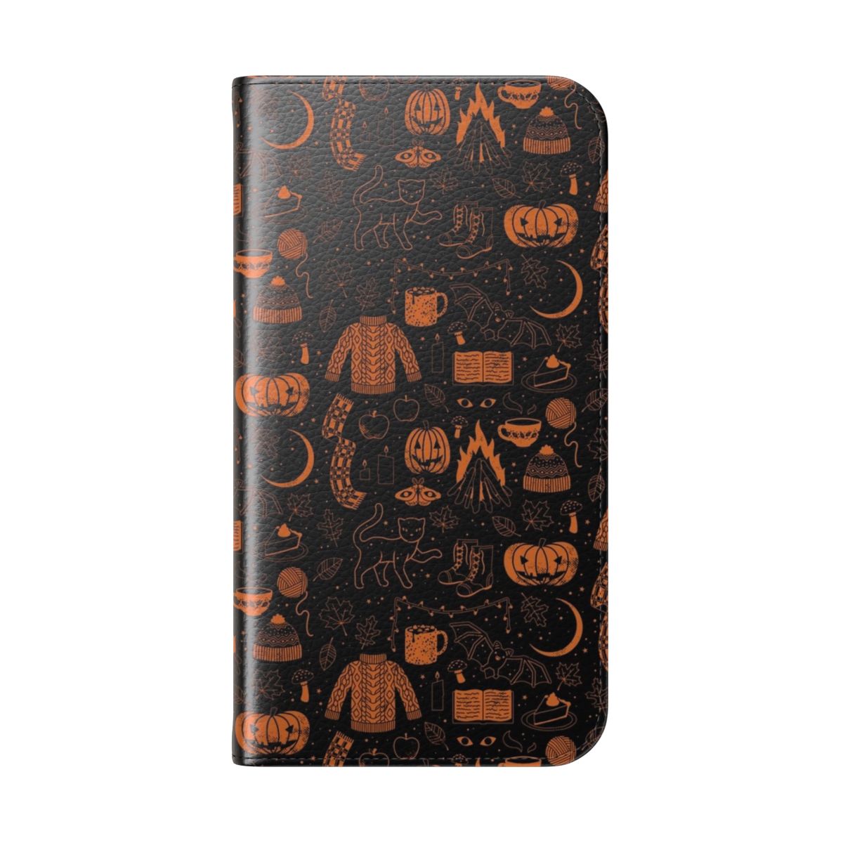 Autumn-themed flip phone case with witchy and spooky design elements like bats, pumpkins, and black cats. - Folded Back