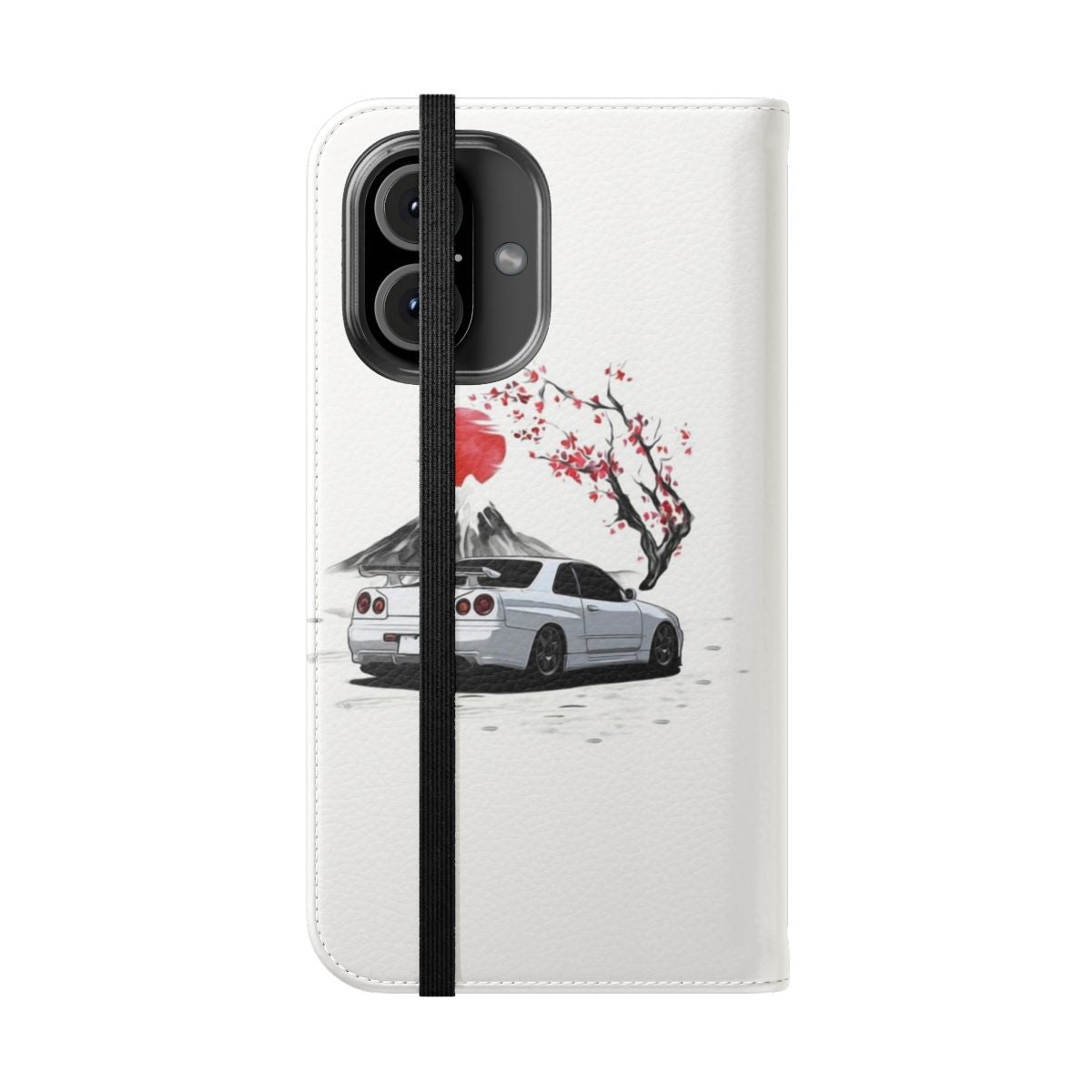 Skyline R34 GTR-inspired flip cover phone case featuring a cherry blossom design - Folded Front