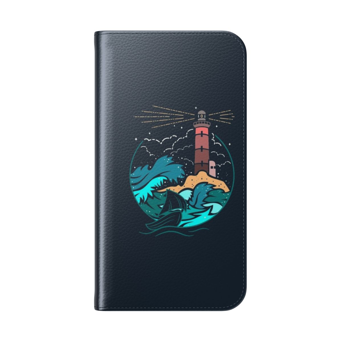 Minimalist flip cover phone case with a lighthouse, sea, and boat design for nature enthusiasts - Folded Back