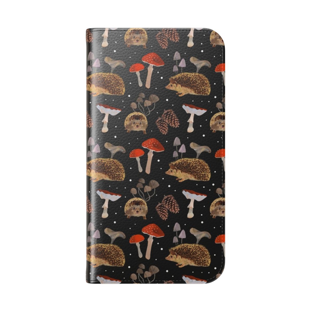 Vibrant watercolor illustration of hedgehogs and mushrooms on an autumn-themed phone case - Folded Back