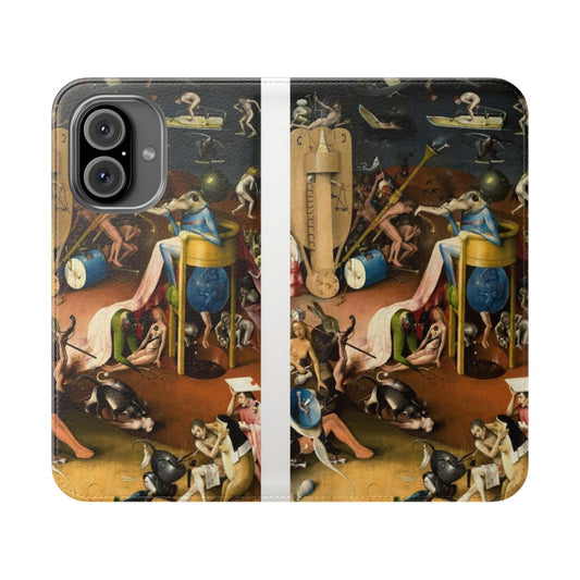 Detailed flip cover phone case featuring the bizarre "Bird King in Hell" artwork from Hieronymus Bosch's masterpiece "The Garden of Earthly Delights"