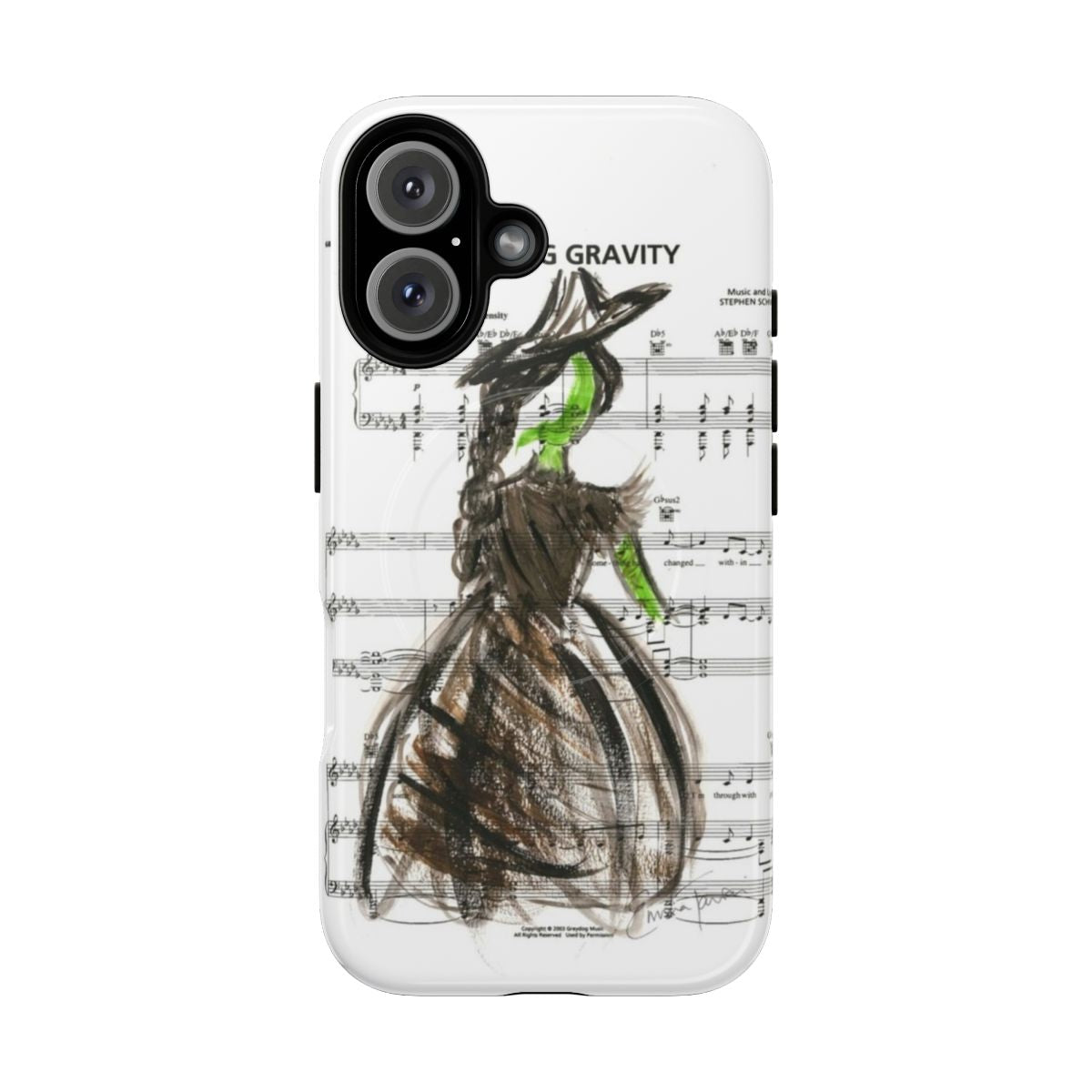 Wicked-inspired phone case featuring a watercolor illustration of Elphaba from the musical "Defying Gravity"