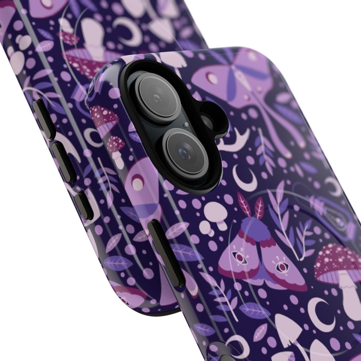 A purple phone case featuring a mystical forest design with moths, mushrooms, and other natural elements. - Detail