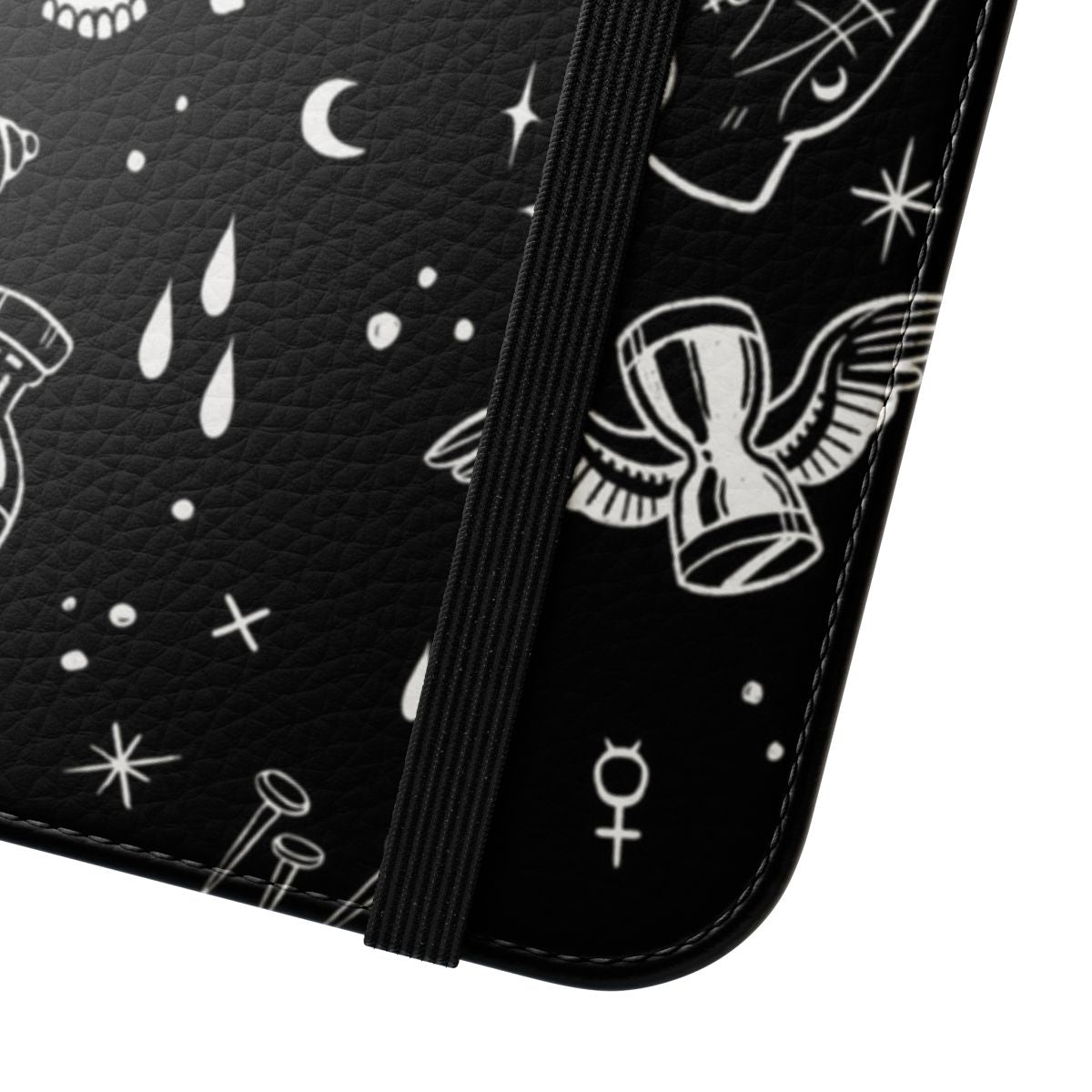 A dark and mysterious flip cover phone case featuring occult and gothic design elements. - Close Up