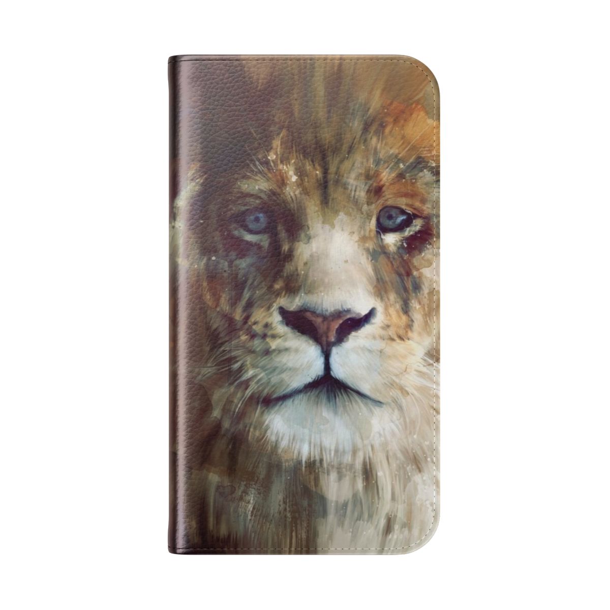 Artistic watercolor and ink illustration of a majestic lion on a protective flip phone case. - Folded Back