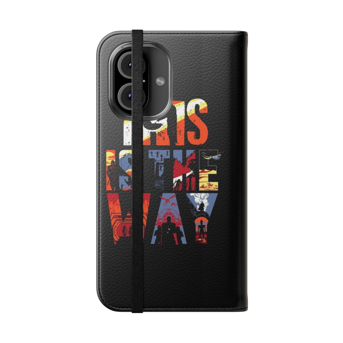 Stylish sci-fi inspired flip cover phone case with Mandalorian, Star Wars, and futuristic elements - Folded Front