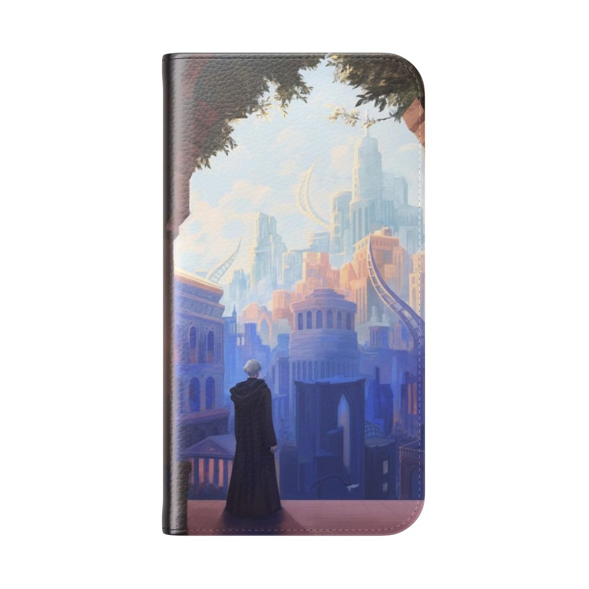 Detailed phone case design featuring a fantasy cityscape with architectural elements and characters - Folded Back