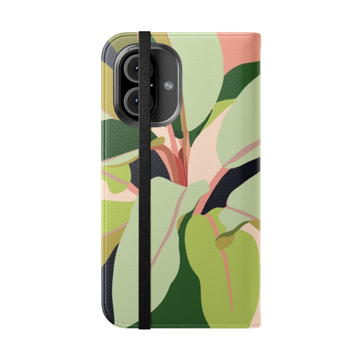 Flip cover phone case featuring a vibrant, nature-inspired botanical illustration. - Folded Front