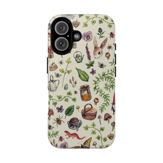 A light green phone case with a cottagecore-inspired design featuring mushrooms, herbs, and a rabbit.