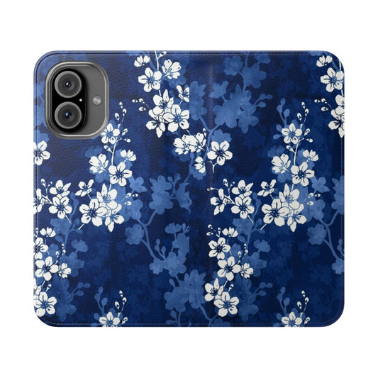 Sakura blossom pattern on a navy blue background with swallowtail butterflies, phone case design