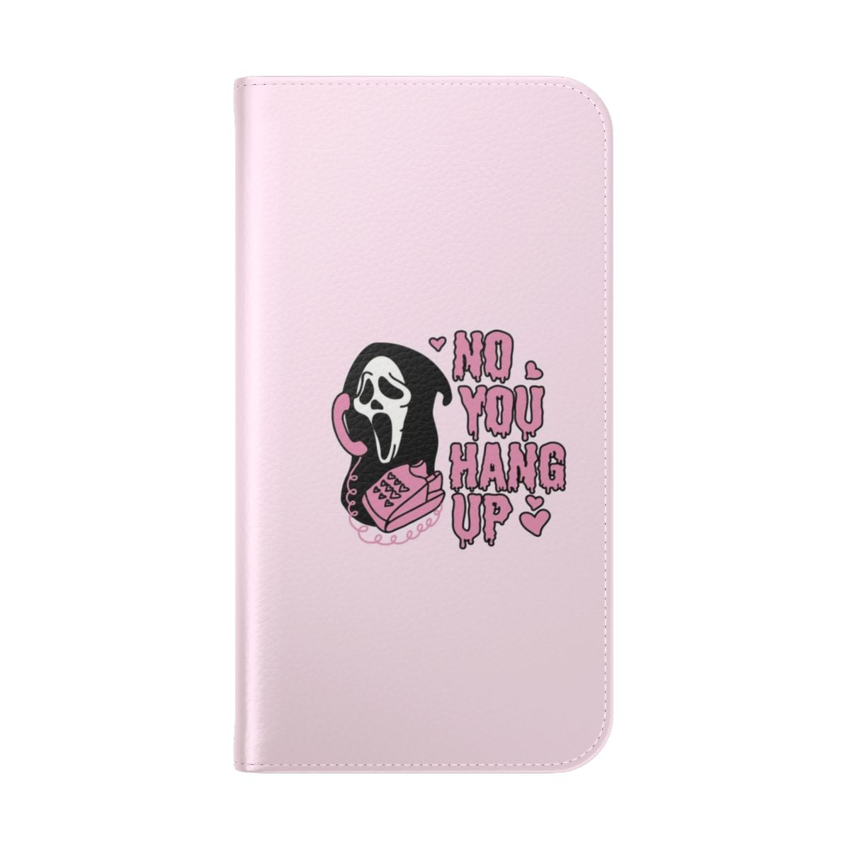 Ghostface themed flip cover phone case with a playful "No You Hang Up" design - Folded Back