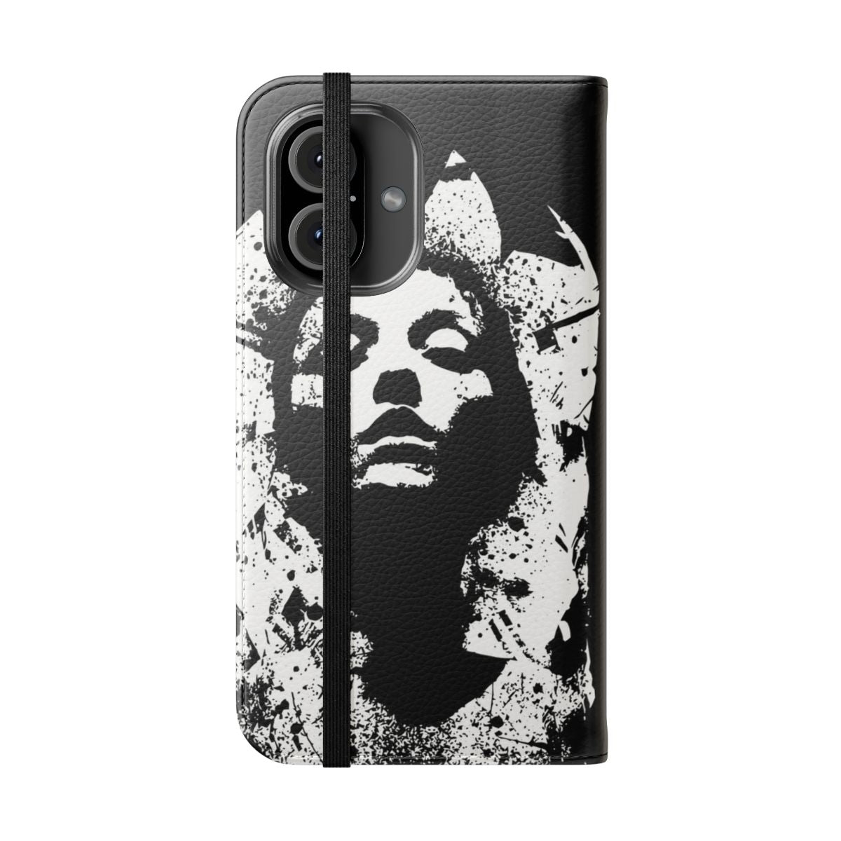 Black flip cover phone case with music band graphic - Folded Front