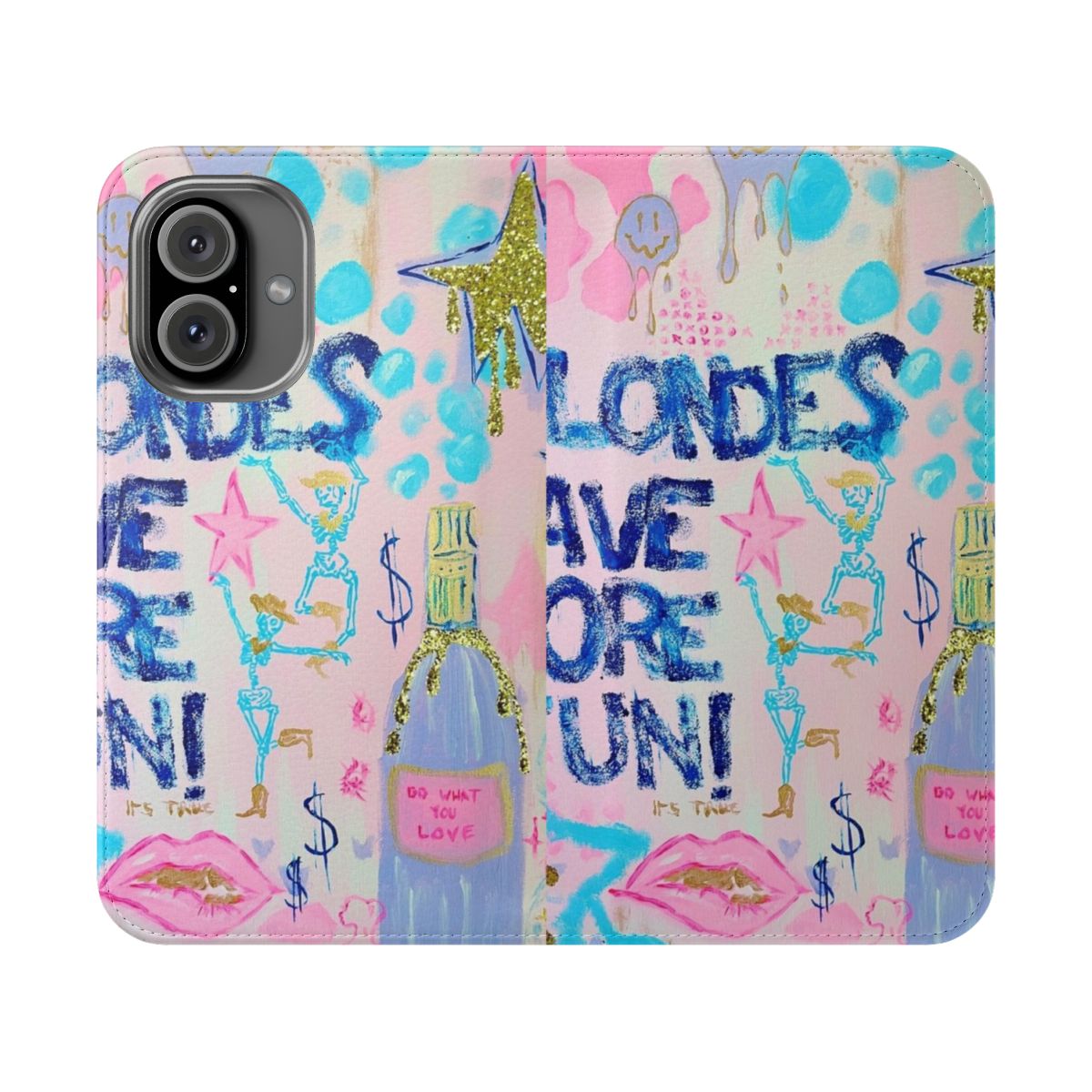 Stylish preppy phone case cover with pink, blue, and gold details