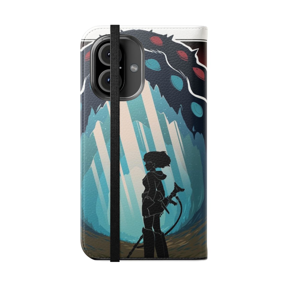 Artistic silhouette design of Ohmus from the Studio Ghibli film "Nausicaa of the Valley of the Wind" on a sleek phone case. - Folded Front