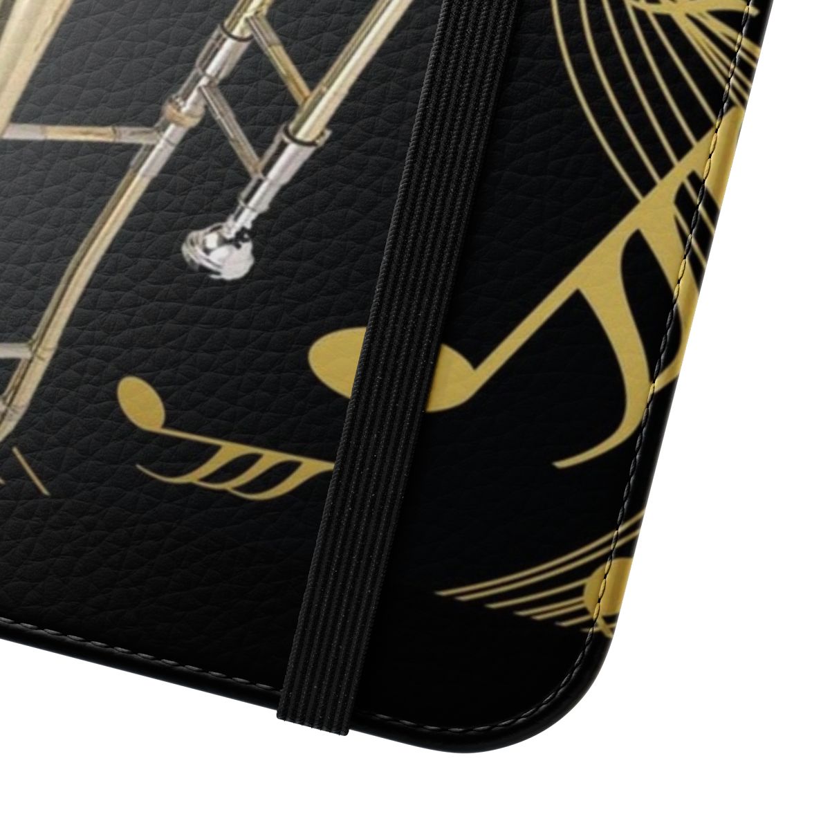 Trombone and music note design on a custom phone case - Close Up