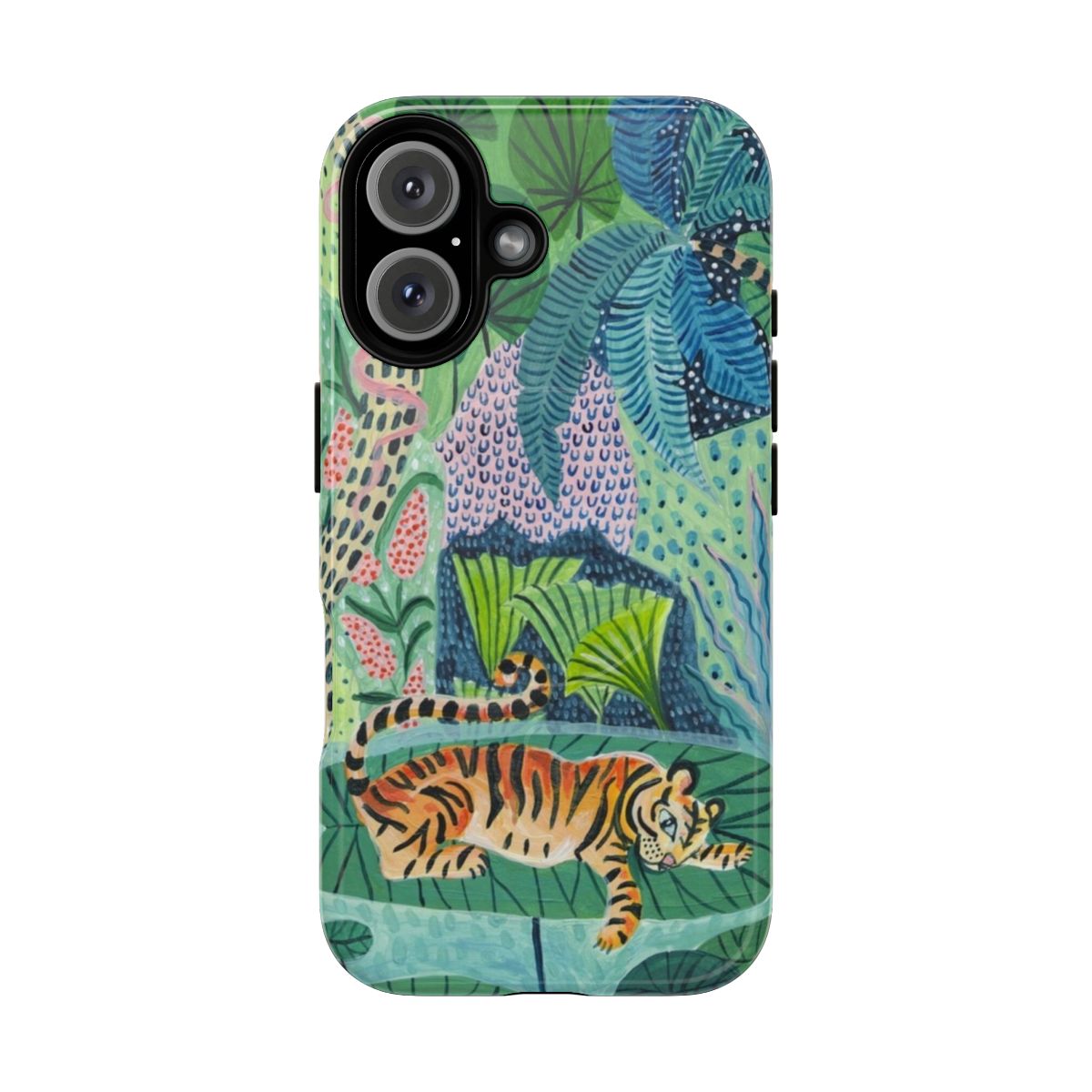 Lush green tropical leaves and a fierce jungle tiger on a durable magnetic phone case.