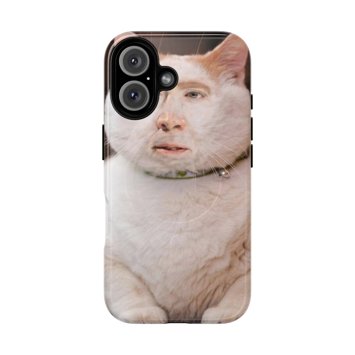 A magnetic phone case featuring a cat image with Nicolas Cage's face.