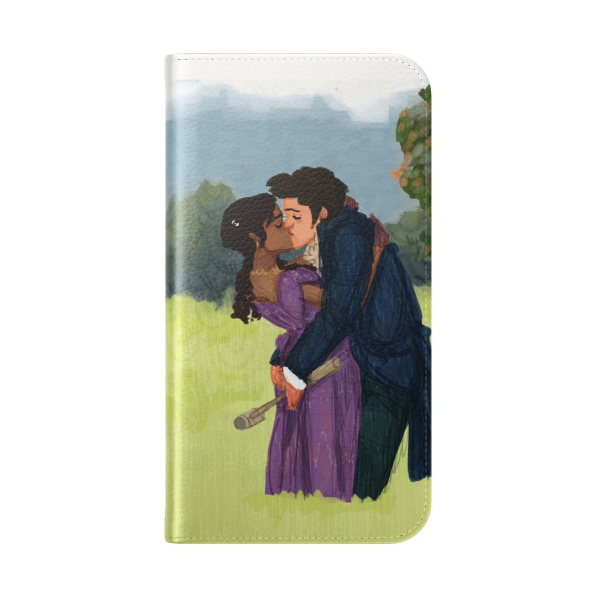 Bridgerton fan art phone case featuring Anthony Bridgerton and Kate Sharma in a romantic couple kiss - Folded Back