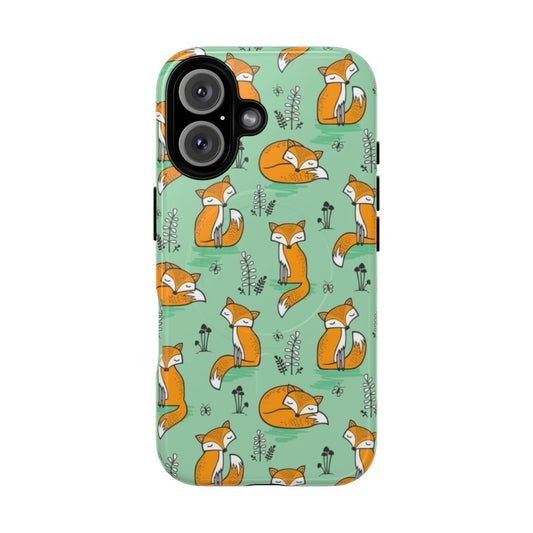 Whimsical fox illustration on a green magnetic tough phone case