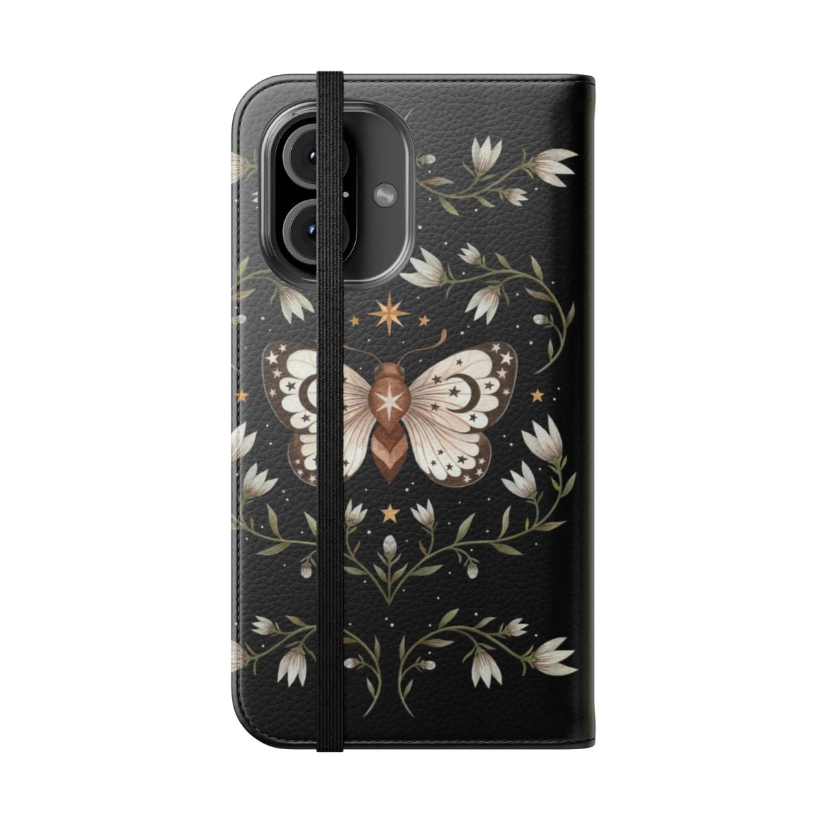 Magical phone case with a design featuring a moth, butterfly, and starry night sky - Folded Front