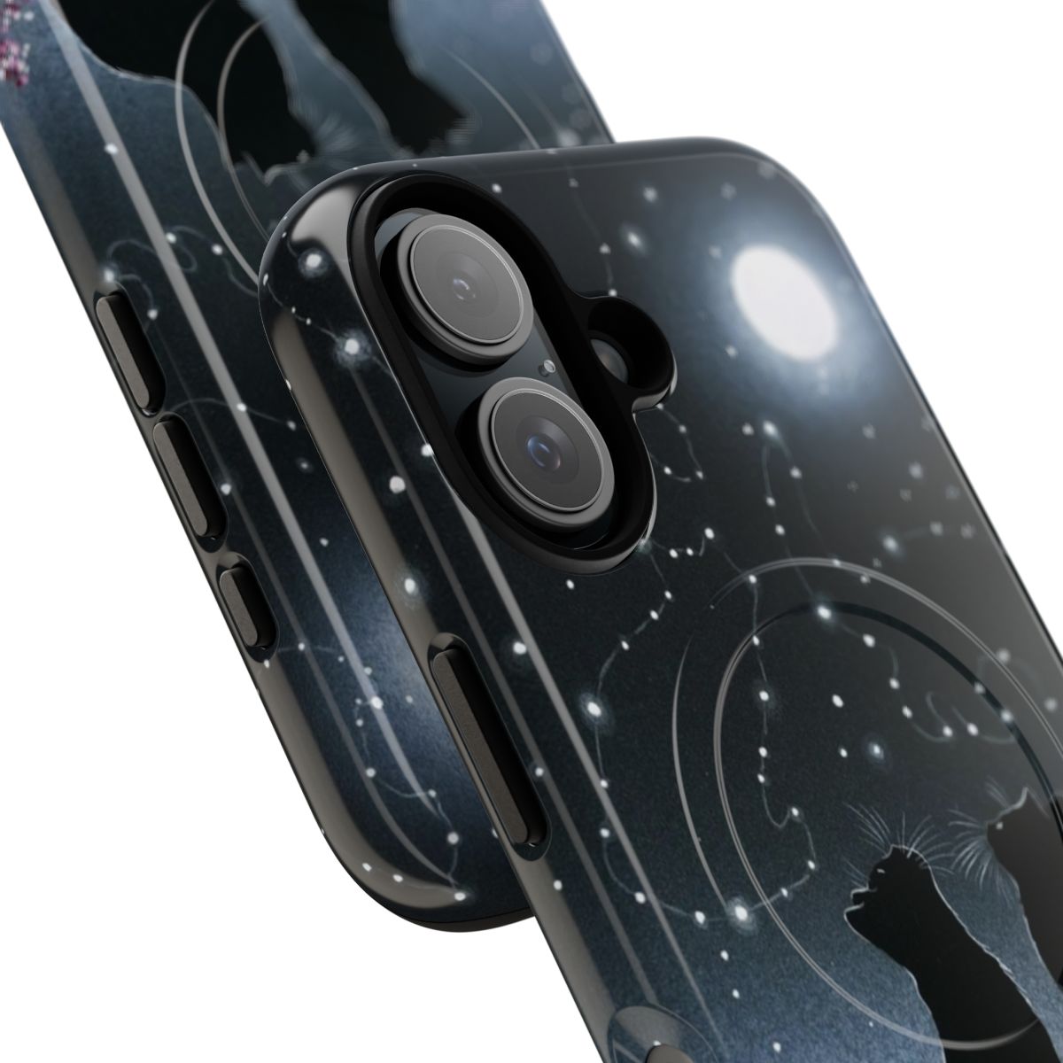 Sakura-patterned magnetic tough phone case with a black cat silhouette against a night sky with moon and stars - Detail