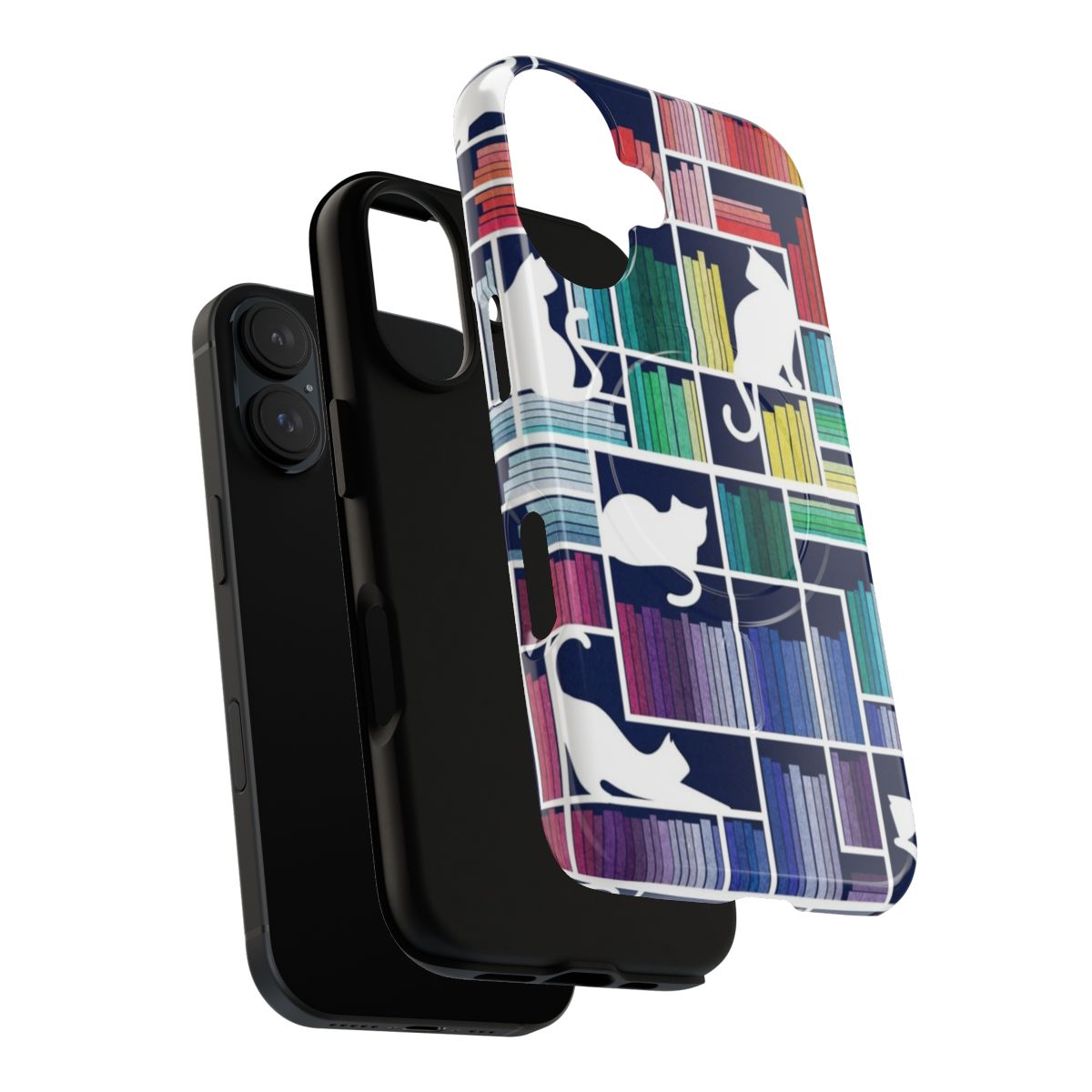 Magnetic tough phone case with a navy blue background, white bookshelf, and illustrated library cats - Layers