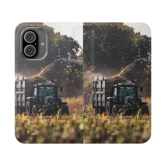 Flip phone case with an illustration of a Fendt tractor harvesting maize in a rural countryside setting.