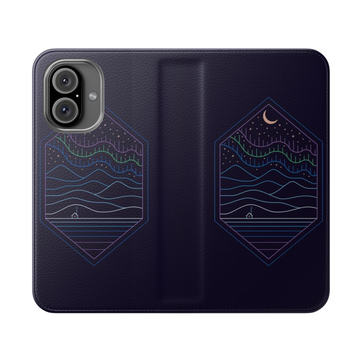 Northern lights, crescent moon, and snowy mountain scene printed on a flip phone case