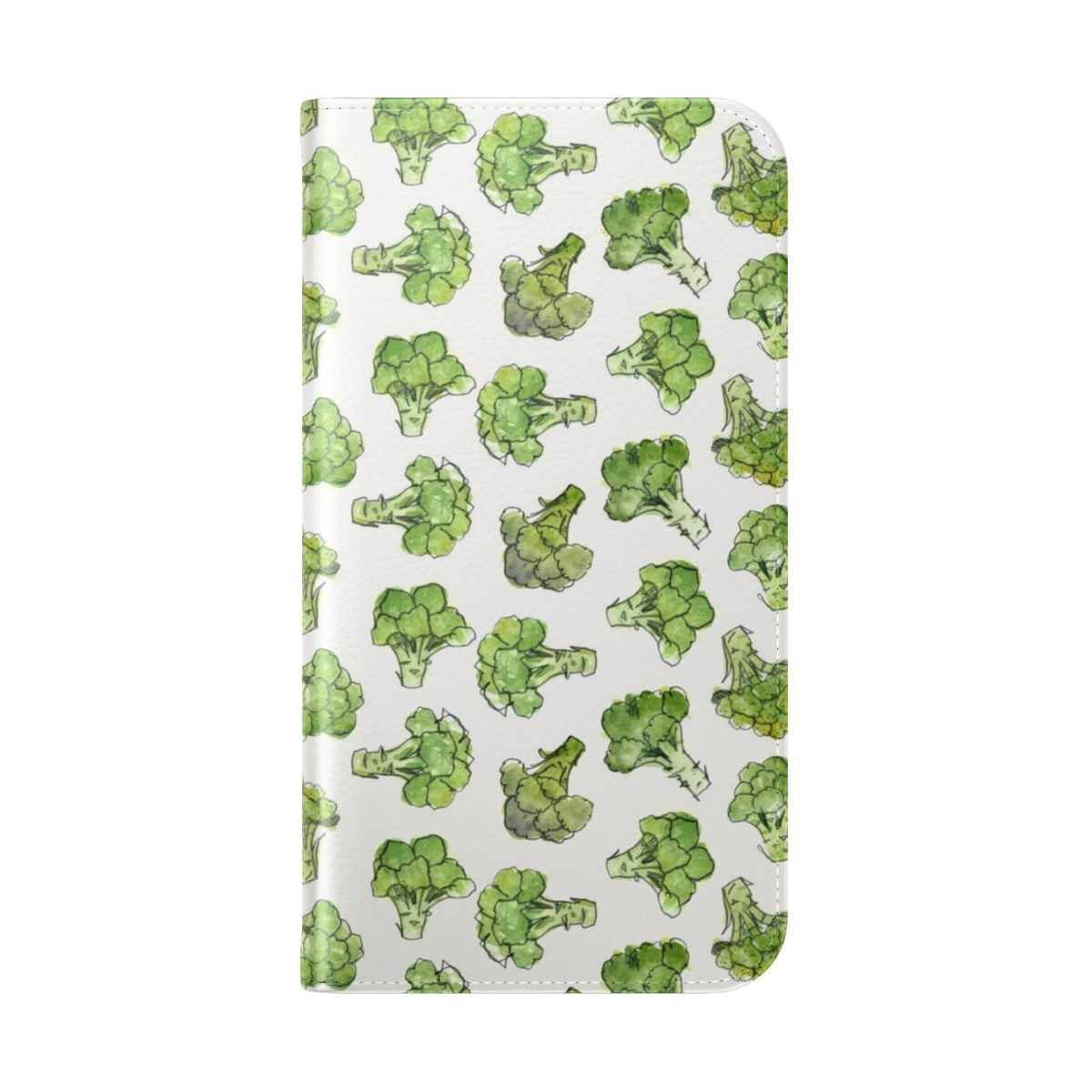 Stylish phone case featuring a vibrant watercolor illustration of broccoli florettes and a floral pattern. - Folded Back