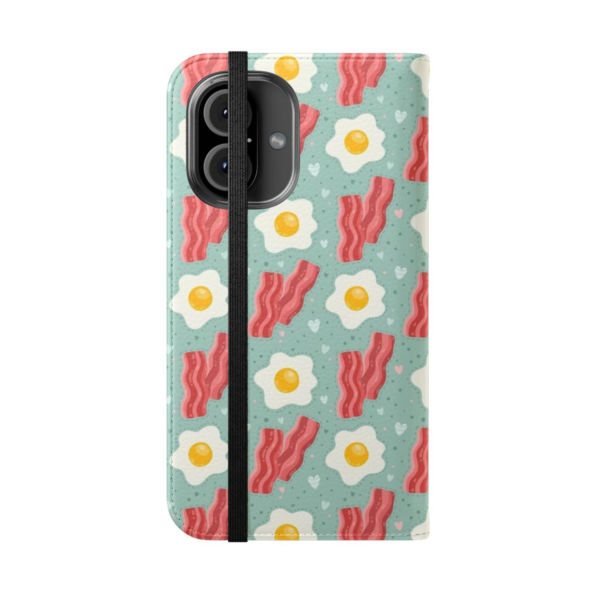 A colorful flip cover phone case featuring a design of scrambled eggs and crispy bacon. - Folded Front