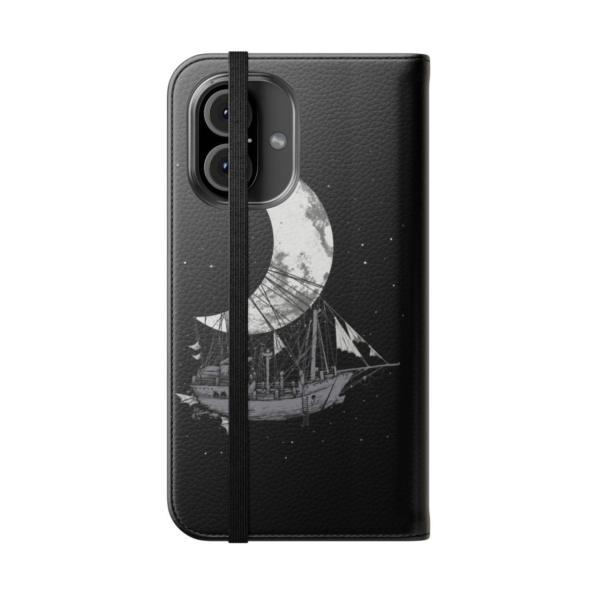 Flip cover phone case with a black and white design featuring a crescent moon and spaceship against a starry background. - Folded Front