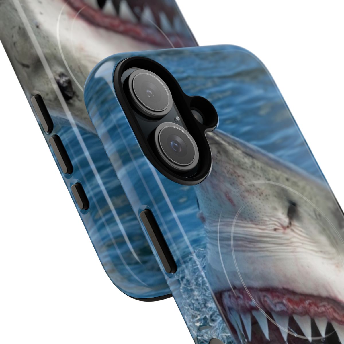 Tough magnetic iPhone case with fierce great white shark design - Detail