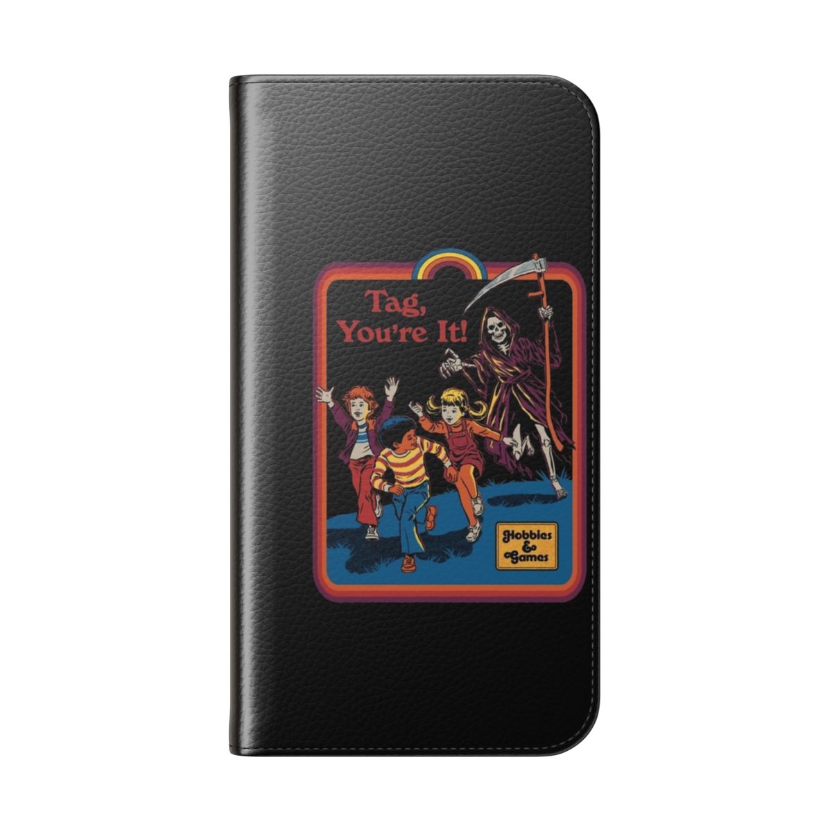 Retro-style flip phone case with a grim reaper and "Tag, You're It" design - Folded Back