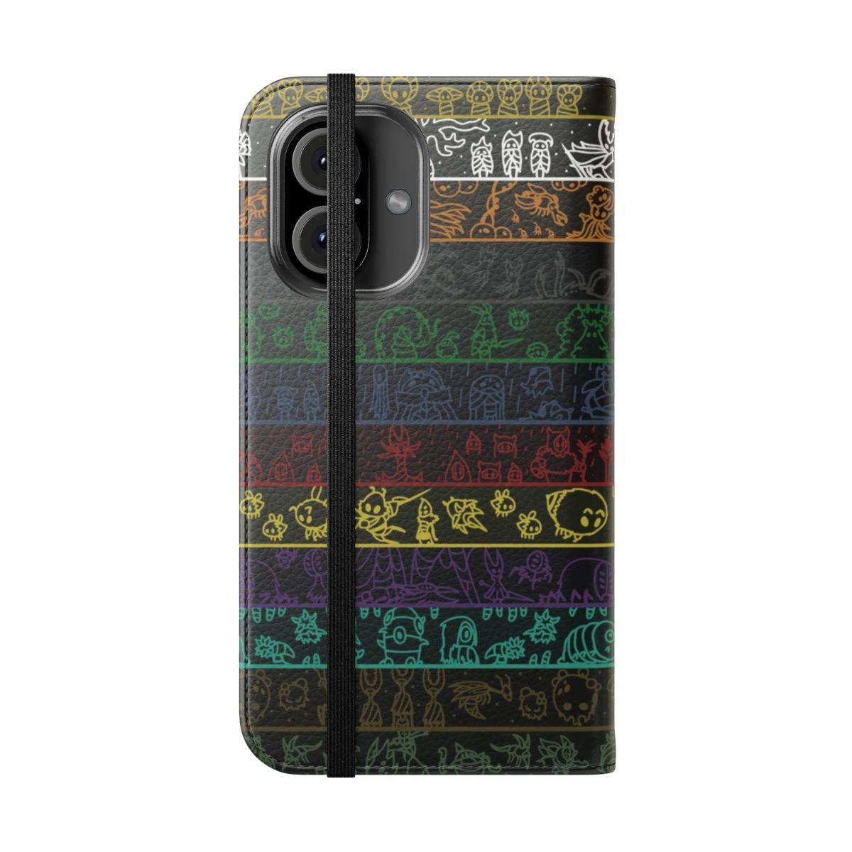 A vibrant and detailed flip cover phone case featuring various insects and creatures from the world of Hollow Knight. - Folded Front