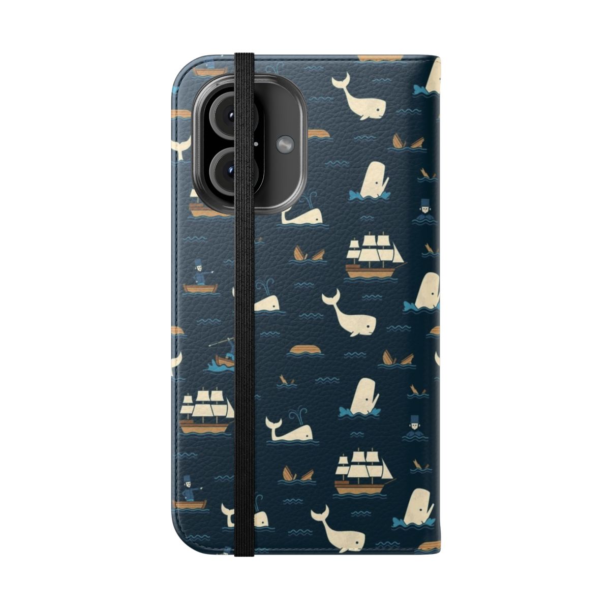 Whale pattern phone case with blue and navy colors, inspired by the novel Moby Dick - Folded Front