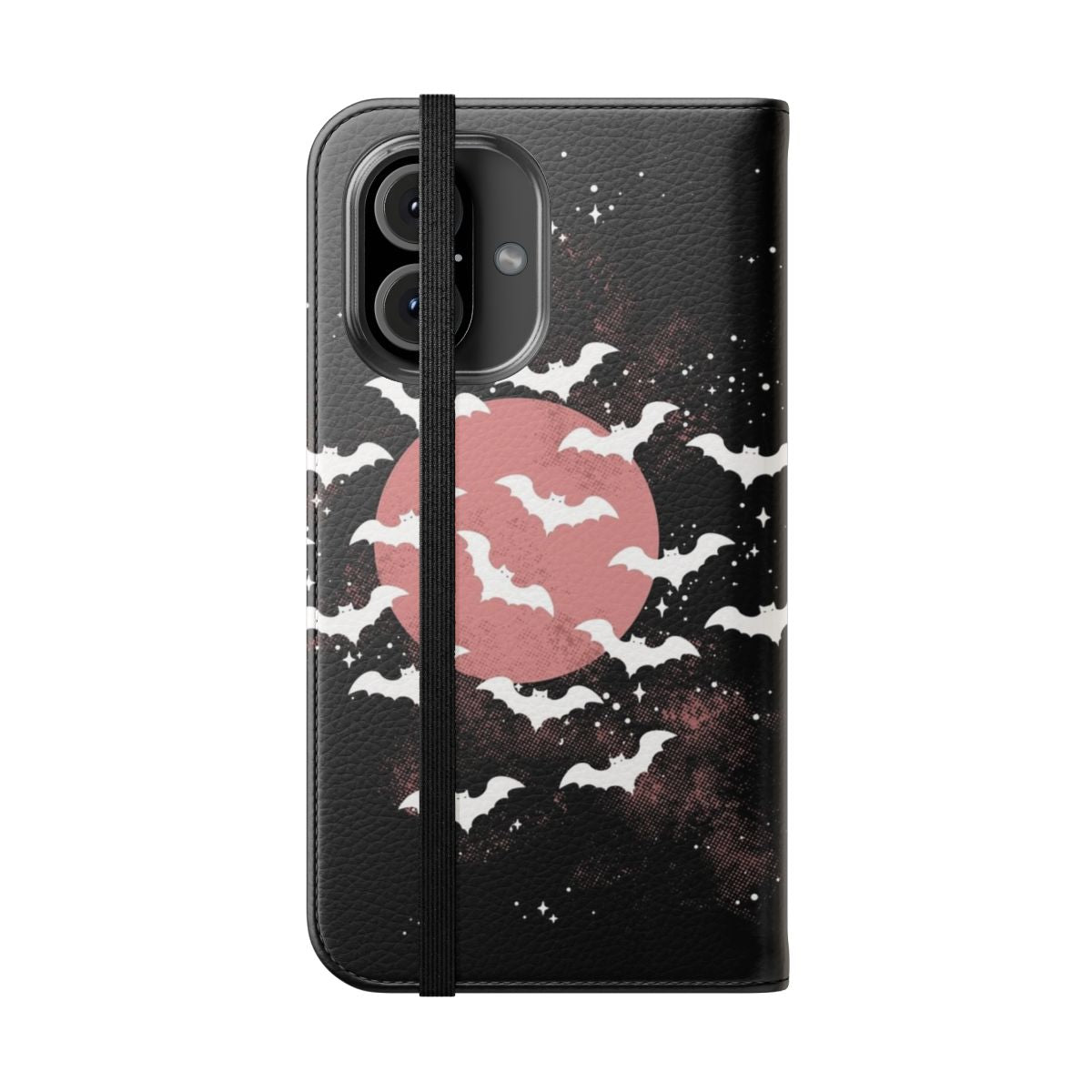 Flip cover phone case with a gothic bat design against a night sky - Folded Front