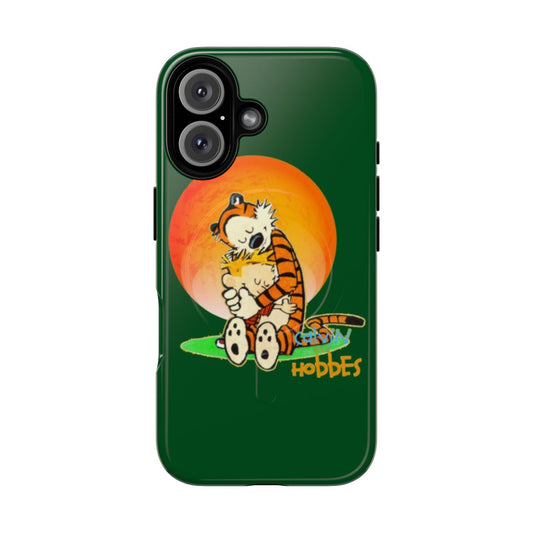 Colorful retro-style phone case featuring Calvin and Hobbes characters