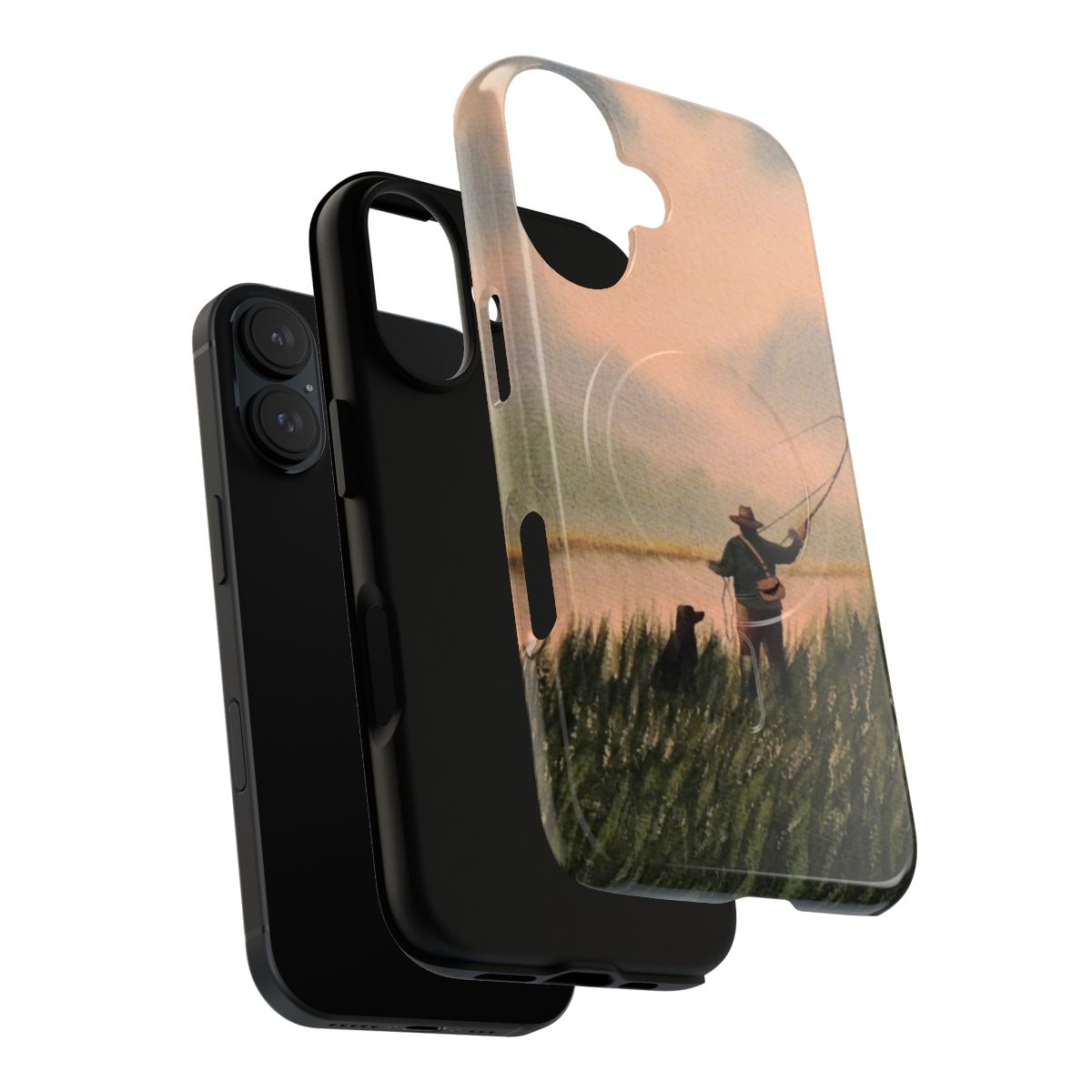 Magnetic tough phone case featuring a fly fisherman and his loyal friend, perfect for outdoor enthusiasts. - Layers