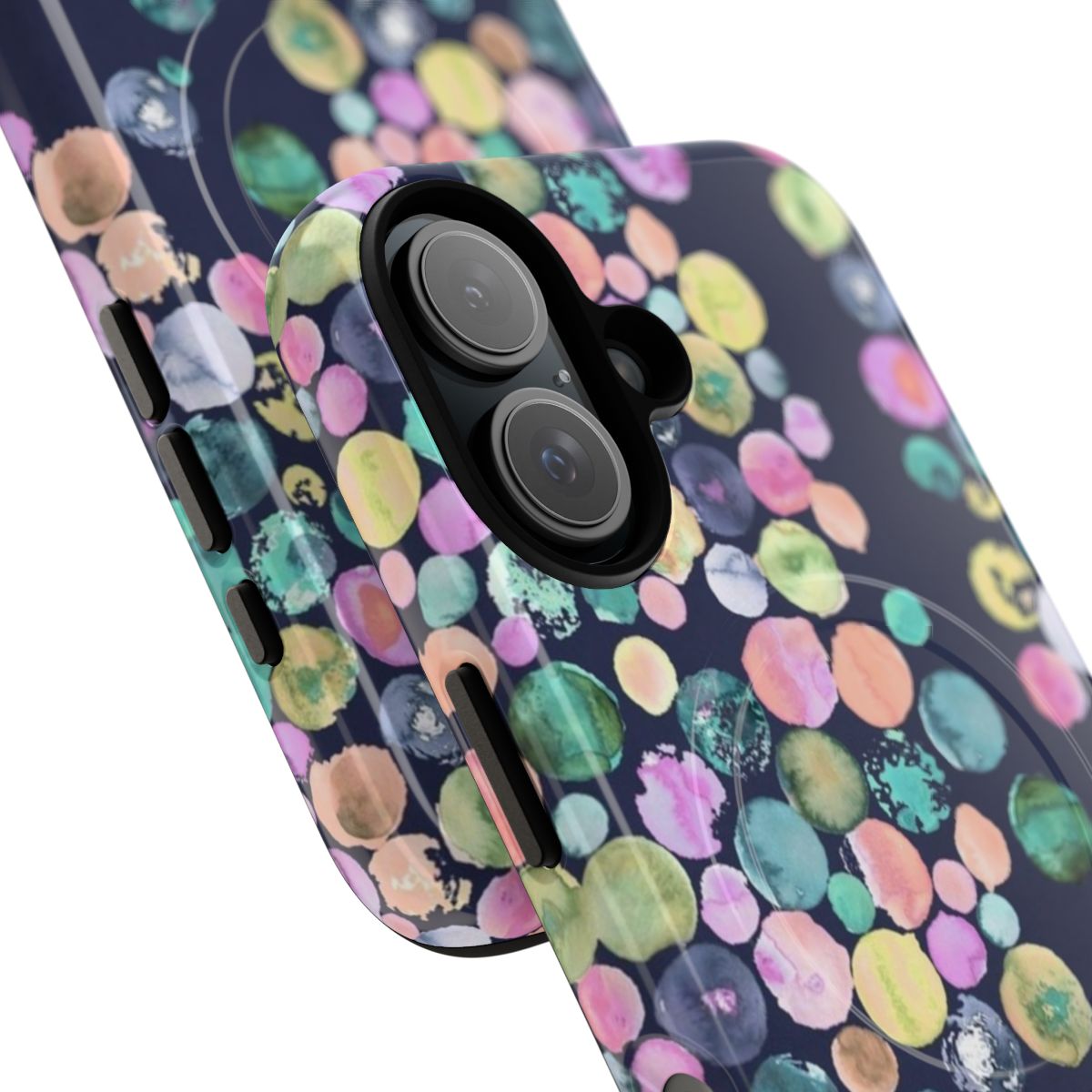 A vibrant, modern watercolor marble pattern phone case with a tough protective design. - Detail