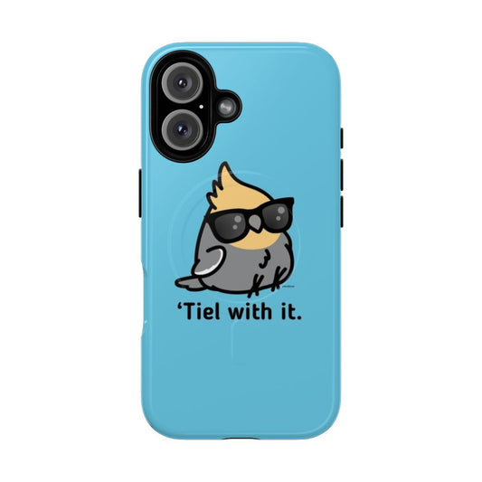 Grey cockatiel bird in a "deal with it" meme-inspired phone case design