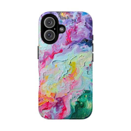 Colorful abstract art design phone case with a modern geometric pattern.