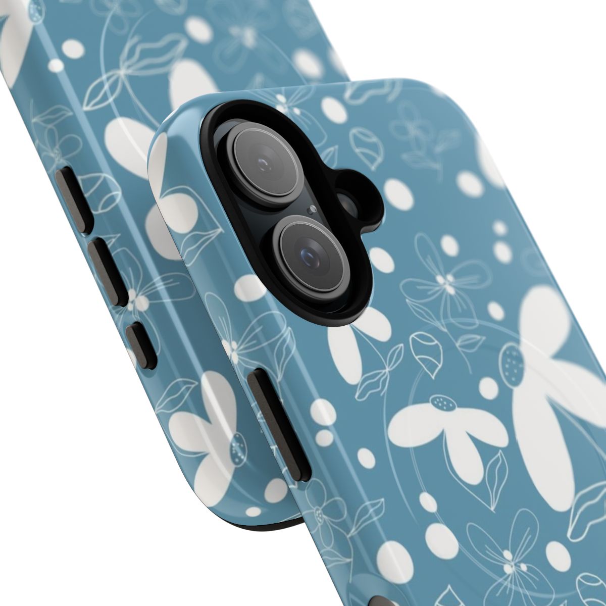 Retro pastel blue and white floral design on a magnetic tough phone case - Detail