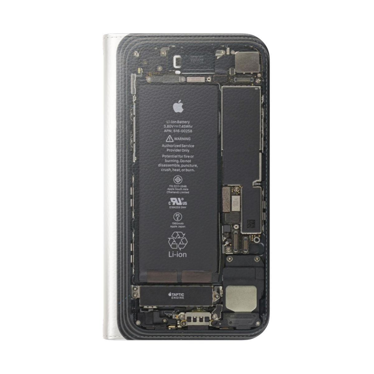 Closeup view of the interior components of an iPhone, showcased through a transparent flip case - Folded Back