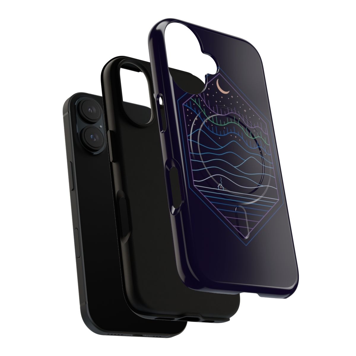 A phone case featuring a stunning northern lights, crescent moon, and snowy mountain landscape design. - Layers